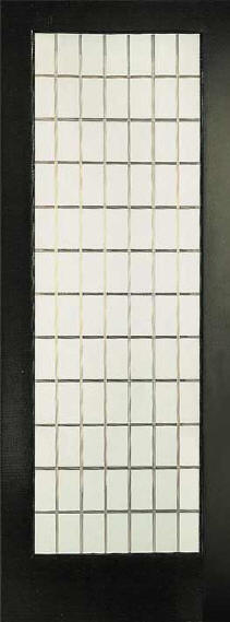 Interior door with etched grid pattern in frosted glass.