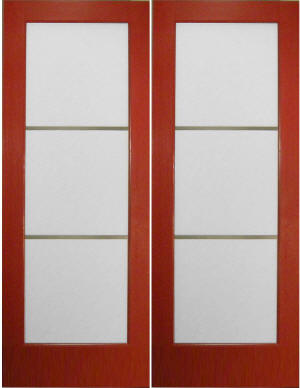 Interior French door features modern styling and painted pine frame.